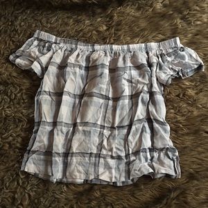 Blue, White and Gray Plaid Off Shoulder Top